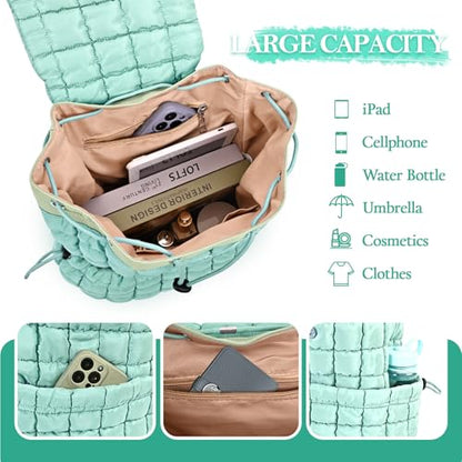 Quilted Puffer Backpack for Women Lightweight Soft Puffy Backpack Purse Casual Daily Drawstring Flap Daypack (Pine Green) - color: Pine Green