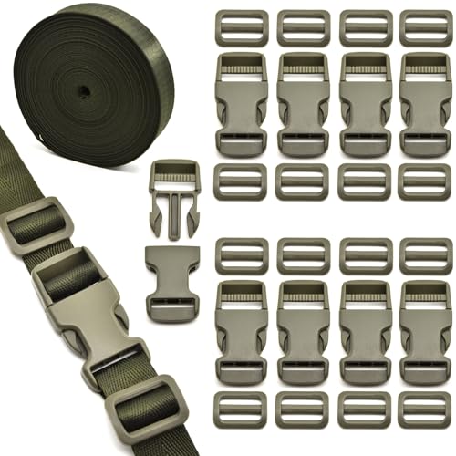 1 inch Buckles Straps Set with 10 Yards Nylon Webbing, 10 pcs Quick Side Release Plastic Buckle, 20 pcs Tri-glide Slide Clip for Luggage and Backpack Replacement (Army Green) - color: Army Green