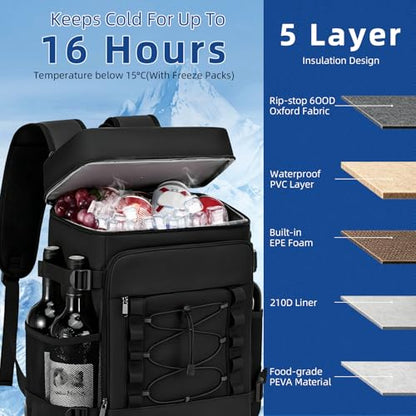 Backpack Cooler Insulated, Leak Proof, 33 Can Capacity, 2 Compartments, Portable Lightweight Thermal Bag for Camping, Beach, Travel, Lunch - color: Black