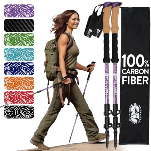 100% Carbon Fiber Trekking Poles by USA Brand - Ultra Strong Lightweight Collapsible Hiking Poles with Cork and EVA Foam Grips & Quick Adjustable Flip Locks - color: Cork - Purple