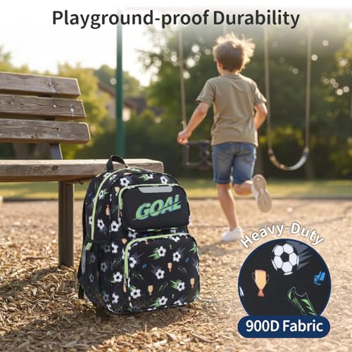 Kids Backpack for Boys - 17 Inch Insulated School Bag Ages 8-10 | Elementary Backpack for Grades 3-5, Fits Binder Laptop, Insulated Pocket, Reflective Strips, S-Curve Straps, Black Soccer - color: Black Football