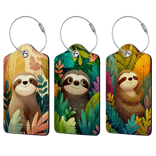 Cute Sloth 3 Pack Luggage Tags, PU Leather Luggage Tags for Suitcase,Name ID Labels with Privacy Cover Suitcases and Metal Loop for Travel Bag Suitcase - color: Cute Sloth