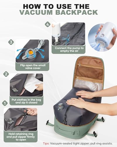 coofay Vacuum Backpack Travel with Pump Vacpack Backpack with Vacuum System Travel Compression Backpacks for Women Mochila De Viaje Carry on Luggage - color: B-army Green