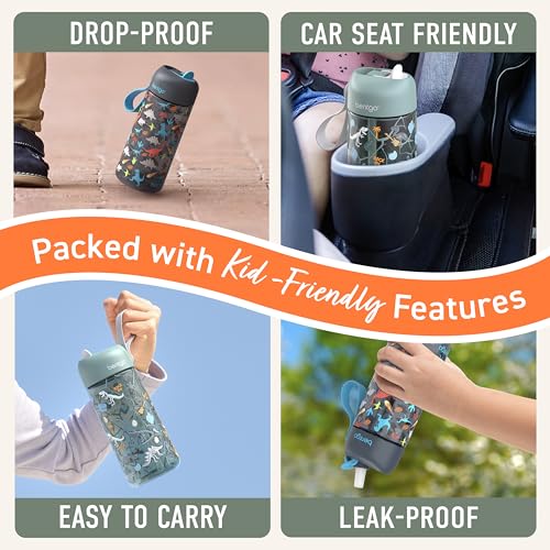 Bentgo Kids Water Bottle 2-Pack - Leak-Proof Durable Tritan BPA-Free 15 oz Cup for Kids/Toddlers Ages 3+; Bite & Sip Spout + Dishwasher Safe for School/Sports/Daycare/Camp (Dinosaur/Dino Fossils) - color: Dinosaur & Dino Fossils