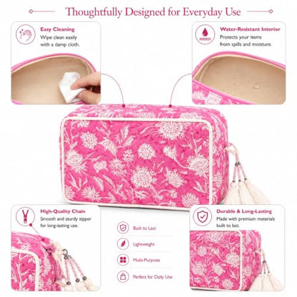 Huar Travel Makeup Bag - Large Capacity Cosmetic Bags for Women - color: White & Pink Floral