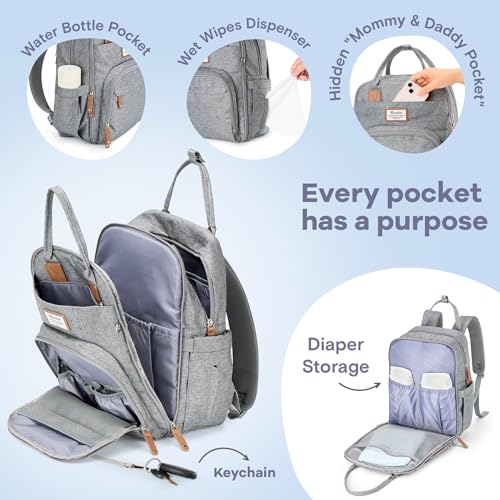 RUVALINO Diaper Bag Backpack-Multifunction Travel Baby Diaper Bag with Changing Pad, Insulated Bottle Holders & Pacifier Case, Large Capacity, Waterproof, Gray - color: Austere Gray