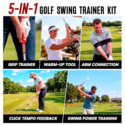 5-in-1 Golf Swing Trainer for Right-Handed Golfers with Click Feedback, Retractable Training Aid, Grip Trainer & Arm Band, Improve Tempo & Swing Path, Indoor Outdoor Practice - color: Red