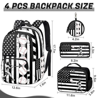 Baseball Backpack Set for Boys, Kids American Flag Backpack for School with Lunch Box and Pencil Case Coin Purse, School Bookbag for Boys - color: Baseball
