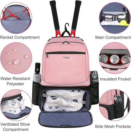Ytonet Tennis Bag Tennis Backpack for Women Men 2 Rackets with Insulated Pocket Ventilated Shoe Compartment - color: Pink