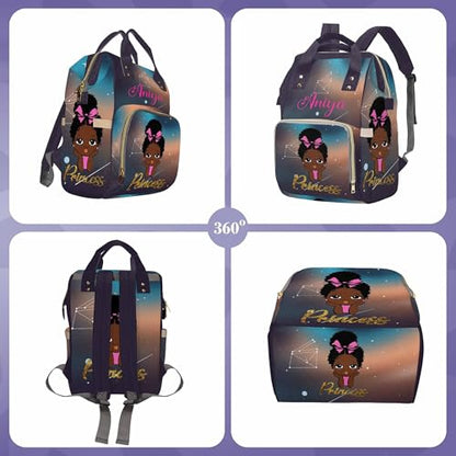Newcos Personalized African Black Women Diaper Bag Backpack with Name Custom Afro Princess Mommy Nursing Baby Bags for Women - color: 230112-12