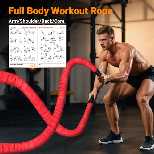 Battle Rope 1/1.26/1.5/2 Inch Diameter,Pink 30FT/40FT/50FT Exercise Workout Ropes for Home Gym Heavy Weighted Training Rope for Working Out - style: 2 inch 30ft-Red