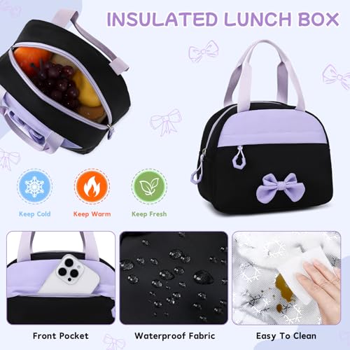 Girls Backpack, School Backpack for Girls, Cute Bow Kids Bookbag for Grils Children Teens for Elementary Middle High School Student, Back To School, Black Purple 3pcs - color: Black Purple-3pcs