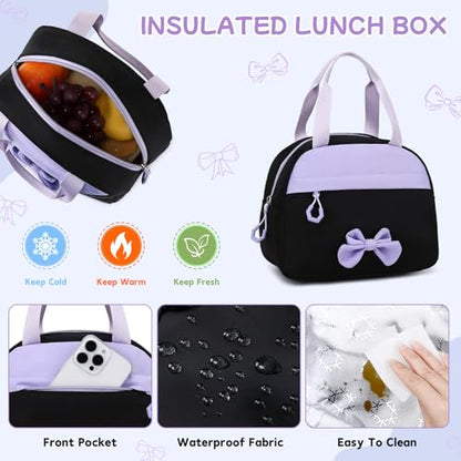 Girls Backpack, School Backpack for Girls, Cute Bow Kids Bookbag for Grils Children Teens for Elementary Middle High School Student, Back To School, Black Purple 3pcs - color: Black Purple-3pcs