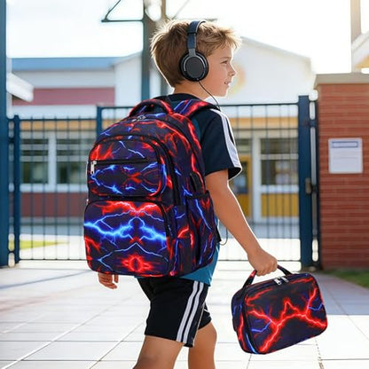 Bevalsa Backpack for Boys, Lightning School Bags with Lunch Bag & Pen Case for Kids, Bookbag for Boys Teens Elementary Middle High School - color: Red Blue