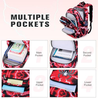 Bevalsa Backpack for Boys, Lightning School Bags with Lunch Bag & Pen Case for Kids, Bookbag for Boys Teens Elementary Middle High School - color: Red Spider
