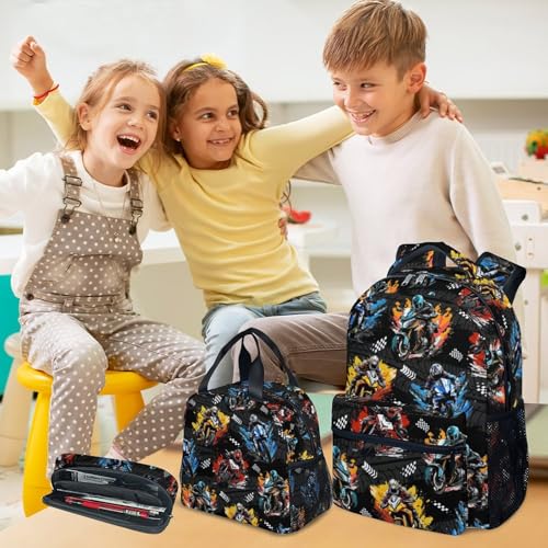 Kids Backpack Set - Motorcycle Backpacks for Boys - 3Pcs Toddler Bookbag with Lunch Box Pencil Case - Boys School Bag for Kindergarten/Preschool/Elementary (17 Inch) - color: Blue
