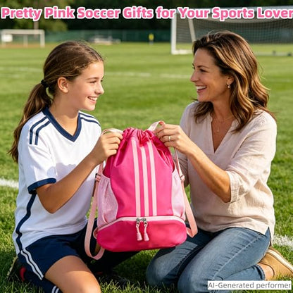 Soccer Bag, Youth Soccer Basketball Bag with Compartments Drawstring Backpack for Football Volleyball Gym Training (Pink) - color: Pink