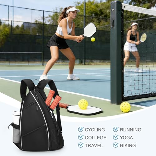 Pickleball Bag for Women Men, Adjustable Pickleball Backpack, 2 in 1 Sports Sling Bag for Pickleball Tennis - color: Black