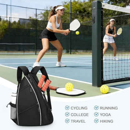 Pickleball Bag for Women Men, Adjustable Pickleball Backpack, 2 in 1 Sports Sling Bag for Pickleball Tennis - color: Black
