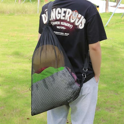 NATURAL STYLE Large Mesh Drawstring Backpack Bag, Gym Sports String Bag, Outdoor Workout Beach Swim Bag (Black) - color: Black