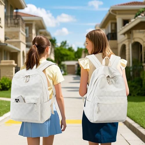 LEDAOU Kids Backpack for Girls Backpacks with Lunch Box, Lightweight Bookbag Set Elementary Middle School Back pack for 8-14 - color: Beige Checkered