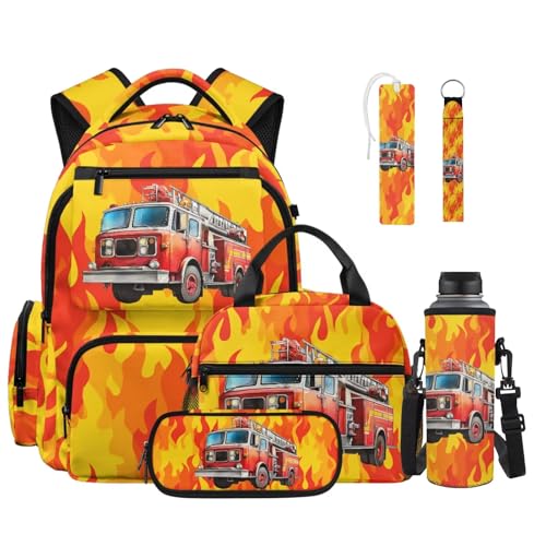 Talayituse Fire Truck Print School Bag Backpack Elementary School Bookbag for Boys Teens with Lunch Box Pencil Case 6 In 1 Set Middle High Schoolbag Book Back Packs for Kids - color: Fire Truck
