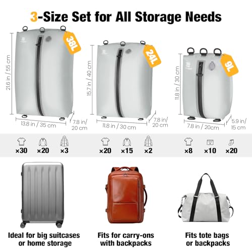3 Pack Vacuum Bags for Travel with Pump, 3-Size Set Reusable Vacuum Compression Bags for Luggage, Space Saver IP67 Waterproof Vacuum Packing Cubes for Suitcase&Backpack, Grey white
