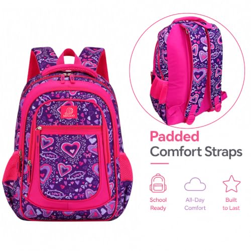 MYGOO Girls School Backpack Vineyard Heart Purple Bookbag for Elementary Middle School Ages 5-12, 17 inch Large Capacity 24L Kids Student Travel Bags - color: Vineyard Heart Purple