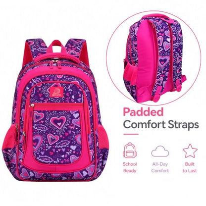MYGOO Girls School Backpack Vineyard Heart Purple Bookbag for Elementary Middle School Ages 5-12, 17 inch Large Capacity 24L Kids Student Travel Bags - color: Vineyard Heart Purple