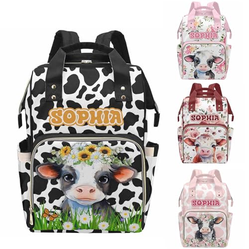 MyPupSocks Customized Name Diaper Bag with Adorable Cow- Tailored Mommy Backpack Comfort for You and Your Little One - color: Style 1