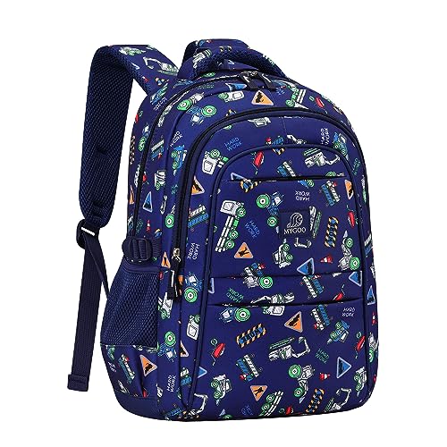 MYGOO Boys School Backpack Euclid Truck Blue Bookbag for Elementary Middle School Ages 5-12, 17 inch Large Capacity 24L Kids Student Travel Bags - color: Euclid Truck Blue