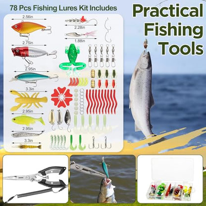 RoundFunny 85 Pcs Fishing Backpack with Tackle Boxes, Tackle Sling Bag with Rod Holder, Fish Lures and Pliers, Fish Tools Gears & Equipment Father's Day Fishing Gift for Dad Men - color: Army Green