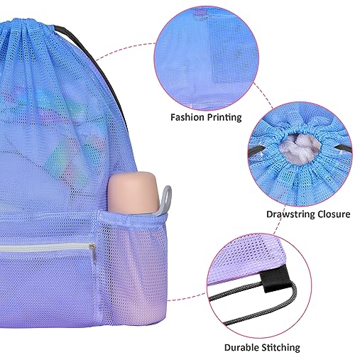 Mesh Drawstring Bag with Zipper Pocket, Beach Bag for Swimming Gear Backpack Gym Storage Bag for Adult - color: Blue
