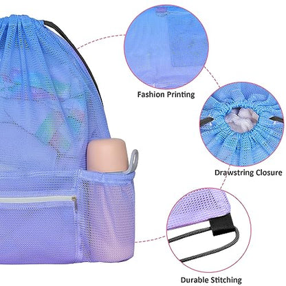 Mesh Drawstring Bag with Zipper Pocket, Beach Bag for Swimming Gear Backpack Gym Storage Bag for Adult - color: Blue