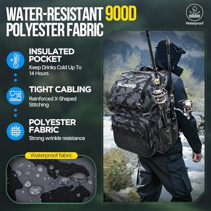 PLUSINNO Cooler Fishing Backpack with Rod Holders 45L Large Water-resistant Fishing Tackle bag Store Fishing Gear Fishing Gifts for Men Father - color: Black Camo