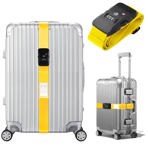 Luggage Straps TSA Approved with Combination Lock, Adjustable Suitcase Belts for 20"-32" Luggage, with Name ID Card for Identify, Travel Airport Accessories for Checked Bags (Straight Yellow) - color: Straight Yellow