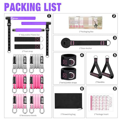 Bbtops Pilates Bar Kit with Resistance Bands,Pilates Bar with Stackable Bands Workout Equipment for Legs,Hip,Waist and Arm,Exercise Fitness Equipment for Women & Men Home Gym Yoga Pilates - color: Hot Purple