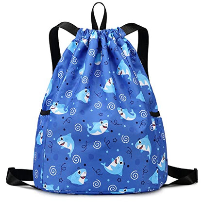 Trendy Drawstring Backpack for Kids - Fun and Functional Gym Dance Beach Swim Travel Bag with Two Water Bottle Holders - color: Shark Light Blue