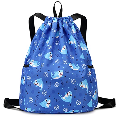 Trendy Drawstring Backpack for Kids - Fun and Functional Gym Dance Beach Swim Travel Bag with Two Water Bottle Holders - color: Shark Light Blue