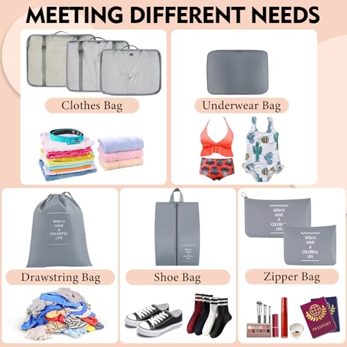 8 Set Packing Cubes For Travel-Travel Essential Carry On Luggage Organizer,Bring Laundry Bag, Shoe Bag, Clothing And Underwear Bag (Grey) - color: Grey