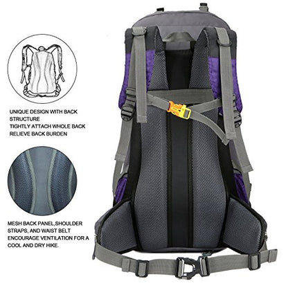 Bseash 60L Waterproof Hiking Camping Backpack with Rain Cover, Large Outdoor Sport Travel Daypack Rucksack for Climbing - color: Purple