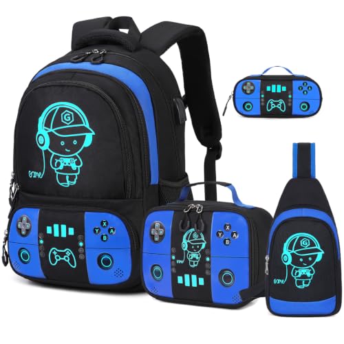 Bevalsa Backpack for School Boys, Cool Luminous Gamer Boys Schoolbag with Sling Bag,Lunch Box & Pencil Case for Kids Children Teens Elementary Middle School(Blue Backpack with Shoulder Bag) - color: Blue, style: Backpack With Shoulder Bag
