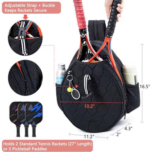 Quilted Tennis Bag for Women – Tennis Backpack & Crossbody Sling | Holds 2 Rackets or 3 Pickleball Paddles | Lightweight Badminton Racket Bag, Tennis Tote & Sports Backpack - color: Black