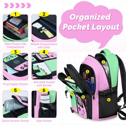 Gamer Backpack for Girls, 4pcs Gaming Girls Backpack with Lunch Box and Pencil Case for Kids, Video Gamer School Bags - color: Multicolor
