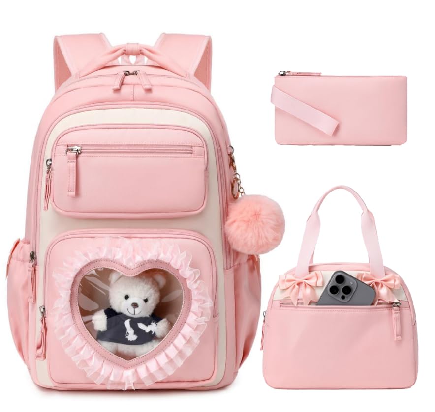 MOONBABY Girls Backpack Set with Lunch Bag & Pencil Case for School, Cute Kawaii Ita Heart Window Bookbag, Large Kids Backpack for Girls Age 6-12, Elementary & Middle Schoolbag - color: Pink-white-set