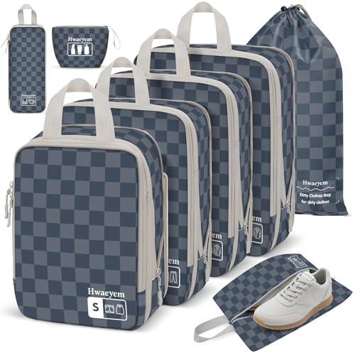 8 Set Compression Packing Cubes for Travel, Lightweight Dual Zipper Packing Cubes, Space-Saving Suitcase Organizer for Travel/Business Trip/Family Vacation (Blue-Gray Checkered) - color: 8 Set Blue-Gray Checkered