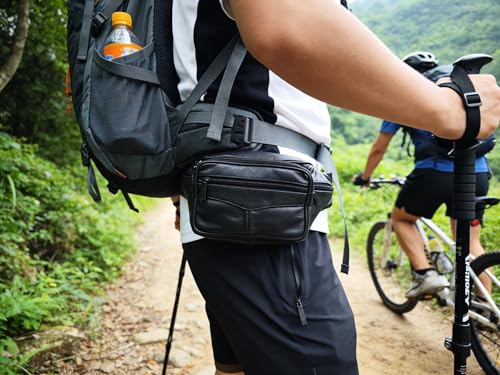 large 6 Pockets Leather Fanny Pack Travel Waist packs Waist Pack Suitable for Outdoor Mountaineering Travel Camping Cycling Running etc Fanny packs (Black) - color: Black 2025 model