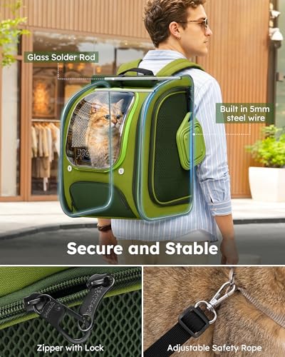 Pecute Cat Backpack Carrier,Large Space Cat Bubble Backpack,Ergonomic,Green | Color Blocking,Sunshade curtain,Folding bowl,Transparent window,Sturdy,Large mesh on both sides for breathability - color: Green-on-Green Color Blocking