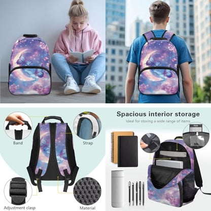 JEOCODY Kids School Bag Butterfly Backpack for Girls Boys Bookbag with Lunch Box Pencil Case Water Bottle Holder Set of 4 Daypack for Travel Picnic Hiking Back to School Accessories - color: Butterfly With Moon Printed