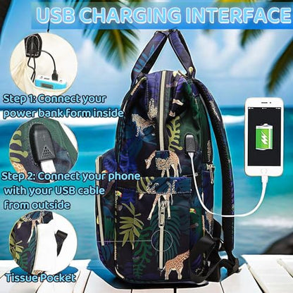 Diaper Bag Backpack, Animal Print Travel Nappy Bag with USB Charging Port Stroller Straps and Insulated Pocket For Women/Mum (Animal Print Pattern) - color: Blue